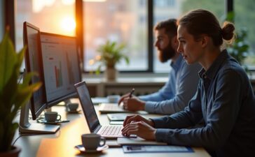 In einem hell erleuchteten, modernen Büro mit großen Fenstern, die warmes Tageslicht hereinlassen, analysiert ein dynamisches, inspirierend wirkendes Team aus jungen Fachleuten unterschiedliche Finanz- und Technik-Daten auf Bildschirmen und Tablets, während eine elegante Kaffeetasse und dezente Pflanzen eine freundliche, produktive Atmosphäre schaffen, die den Wandel und die nüchterne Bilanz der KI-getriebenen Börsenwelt nach drei Jahren ChatGPT lebendig widerspiegelt.