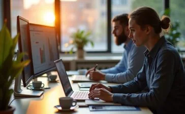 In einem hell erleuchteten, modernen Büro mit großen Fenstern, die warmes Tageslicht hereinlassen, analysiert ein dynamisches, inspirierend wirkendes Team aus jungen Fachleuten unterschiedliche Finanz- und Technik-Daten auf Bildschirmen und Tablets, während eine elegante Kaffeetasse und dezente Pflanzen eine freundliche, produktive Atmosphäre schaffen, die den Wandel und die nüchterne Bilanz der KI-getriebenen Börsenwelt nach drei Jahren ChatGPT lebendig widerspiegelt.