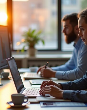 In einem hell erleuchteten, modernen Büro mit großen Fenstern, die warmes Tageslicht hereinlassen, analysiert ein dynamisches, inspirierend wirkendes Team aus jungen Fachleuten unterschiedliche Finanz- und Technik-Daten auf Bildschirmen und Tablets, während eine elegante Kaffeetasse und dezente Pflanzen eine freundliche, produktive Atmosphäre schaffen, die den Wandel und die nüchterne Bilanz der KI-getriebenen Börsenwelt nach drei Jahren ChatGPT lebendig widerspiegelt.