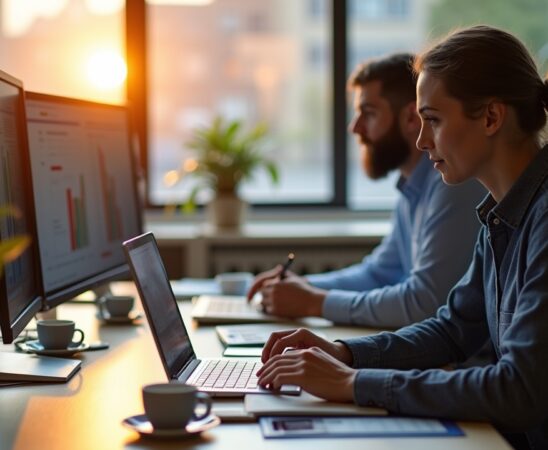 In einem hell erleuchteten, modernen Büro mit großen Fenstern, die warmes Tageslicht hereinlassen, analysiert ein dynamisches, inspirierend wirkendes Team aus jungen Fachleuten unterschiedliche Finanz- und Technik-Daten auf Bildschirmen und Tablets, während eine elegante Kaffeetasse und dezente Pflanzen eine freundliche, produktive Atmosphäre schaffen, die den Wandel und die nüchterne Bilanz der KI-getriebenen Börsenwelt nach drei Jahren ChatGPT lebendig widerspiegelt.