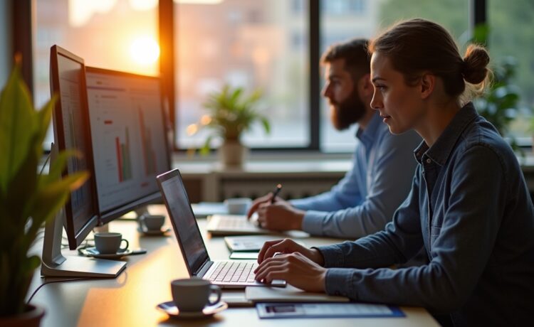 In einem hell erleuchteten, modernen Büro mit großen Fenstern, die warmes Tageslicht hereinlassen, analysiert ein dynamisches, inspirierend wirkendes Team aus jungen Fachleuten unterschiedliche Finanz- und Technik-Daten auf Bildschirmen und Tablets, während eine elegante Kaffeetasse und dezente Pflanzen eine freundliche, produktive Atmosphäre schaffen, die den Wandel und die nüchterne Bilanz der KI-getriebenen Börsenwelt nach drei Jahren ChatGPT lebendig widerspiegelt.