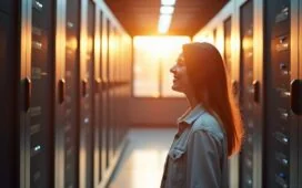 Ein sonnendurchfluteter moderner Serverraum mit leise summenden, schlanken Rechenzentren, deren kühle Metalloberflächen in warmem Tageslicht glänzen, während im Vordergrund eine Person mit zufriedener, konzentrierter Miene energieeffiziente KI-Hardware inspiziert – ein Bild voller Hoffnung und Verantwortung für eine nachhaltige digitale Zukunft.