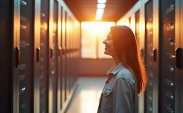 Ein sonnendurchfluteter moderner Serverraum mit leise summenden, schlanken Rechenzentren, deren kühle Metalloberflächen in warmem Tageslicht glänzen, während im Vordergrund eine Person mit zufriedener, konzentrierter Miene energieeffiziente KI-Hardware inspiziert – ein Bild voller Hoffnung und Verantwortung für eine nachhaltige digitale Zukunft.