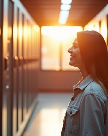 Ein sonnendurchfluteter moderner Serverraum mit leise summenden, schlanken Rechenzentren, deren kühle Metalloberflächen in warmem Tageslicht glänzen, während im Vordergrund eine Person mit zufriedener, konzentrierter Miene energieeffiziente KI-Hardware inspiziert – ein Bild voller Hoffnung und Verantwortung für eine nachhaltige digitale Zukunft.