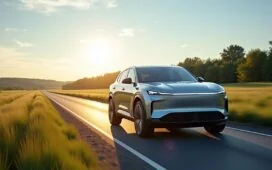 Ein hell erleuchteter Rivian-Elektro-SUV fährt selbstbewusst auf einer sonnendurchfluteten Landstraße, umgeben von sanft grünen Wiesen und klarem blauem Himmel, während moderne Lidar-Sensoren und hochentwickelte Kameras subtil in die Karosserie integriert sind und ein Gefühl von technologischer Innovation und freundlicher Zukunft vermittelt wird.