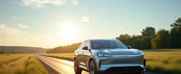 Ein hell erleuchteter Rivian-Elektro-SUV fährt selbstbewusst auf einer sonnendurchfluteten Landstraße, umgeben von sanft grünen Wiesen und klarem blauem Himmel, während moderne Lidar-Sensoren und hochentwickelte Kameras subtil in die Karosserie integriert sind und ein Gefühl von technologischer Innovation und freundlicher Zukunft vermittelt wird.