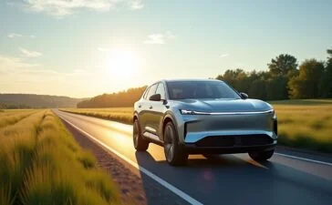 Ein hell erleuchteter Rivian-Elektro-SUV fährt selbstbewusst auf einer sonnendurchfluteten Landstraße, umgeben von sanft grünen Wiesen und klarem blauem Himmel, während moderne Lidar-Sensoren und hochentwickelte Kameras subtil in die Karosserie integriert sind und ein Gefühl von technologischer Innovation und freundlicher Zukunft vermittelt wird.