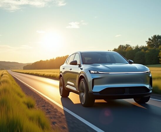 Ein hell erleuchteter Rivian-Elektro-SUV fährt selbstbewusst auf einer sonnendurchfluteten Landstraße, umgeben von sanft grünen Wiesen und klarem blauem Himmel, während moderne Lidar-Sensoren und hochentwickelte Kameras subtil in die Karosserie integriert sind und ein Gefühl von technologischer Innovation und freundlicher Zukunft vermittelt wird.