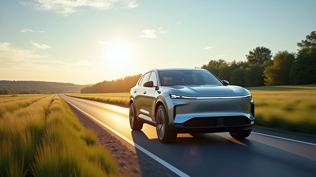 Ein hell erleuchteter Rivian-Elektro-SUV fährt selbstbewusst auf einer sonnendurchfluteten Landstraße, umgeben von sanft grünen Wiesen und klarem blauem Himmel, während moderne Lidar-Sensoren und hochentwickelte Kameras subtil in die Karosserie integriert sind und ein Gefühl von technologischer Innovation und freundlicher Zukunft vermittelt wird.