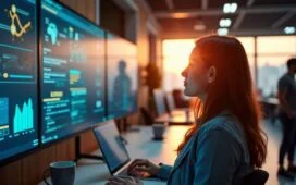 Ein hell erleuchtetes modernes Großraumbüro mit konzentrierten Expert:innen vor großen Bildschirmen, die in freundlicher Atmosphäre die neuesten KI-Innovationen analysieren, während warmes Tageslicht durch große Fenster fällt und so die Dynamik eines spannenden Technologie-Wettlaufs fühlbar macht.