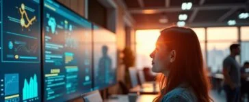 Ein hell erleuchtetes modernes Großraumbüro mit konzentrierten Expert:innen vor großen Bildschirmen, die in freundlicher Atmosphäre die neuesten KI-Innovationen analysieren, während warmes Tageslicht durch große Fenster fällt und so die Dynamik eines spannenden Technologie-Wettlaufs fühlbar macht.