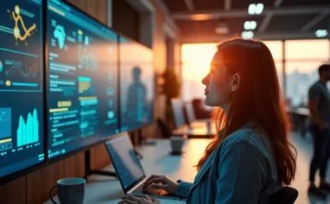 Ein hell erleuchtetes modernes Großraumbüro mit konzentrierten Expert:innen vor großen Bildschirmen, die in freundlicher Atmosphäre die neuesten KI-Innovationen analysieren, während warmes Tageslicht durch große Fenster fällt und so die Dynamik eines spannenden Technologie-Wettlaufs fühlbar macht.