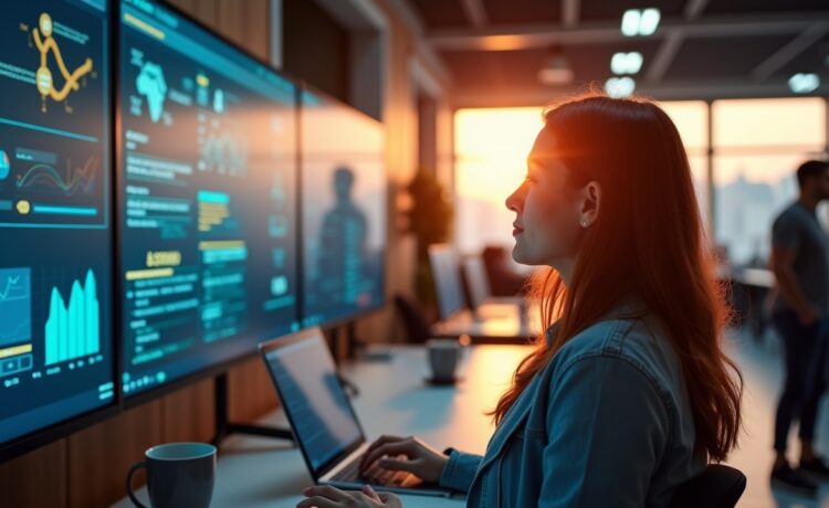 Ein hell erleuchtetes modernes Großraumbüro mit konzentrierten Expert:innen vor großen Bildschirmen, die in freundlicher Atmosphäre die neuesten KI-Innovationen analysieren, während warmes Tageslicht durch große Fenster fällt und so die Dynamik eines spannenden Technologie-Wettlaufs fühlbar macht.