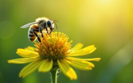 Eine helle, sonnendurchflutete Makroaufnahme eines filigranen, bienengroßen Mikroroboters, der an einem grünen Blütenkelch schwebt, umgeben von sanften, natürlichen Farben und einem warmen, einladenden Licht, das die innovative Verbindung von Technik und Natur sinnlich spürbar macht.