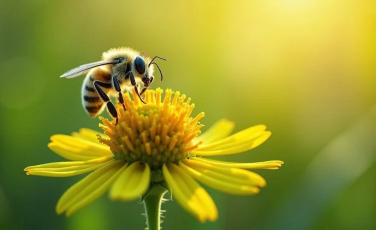 Eine helle, sonnendurchflutete Makroaufnahme eines filigranen, bienengroßen Mikroroboters, der an einem grünen Blütenkelch schwebt, umgeben von sanften, natürlichen Farben und einem warmen, einladenden Licht, das die innovative Verbindung von Technik und Natur sinnlich spürbar macht.