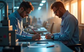 Ein hell erleuchtetes, modernes Labor mit fokussierten Ingenieuren in lässiger Arbeitskleidung, die schwungvoll an Hightech-Mikrochips und komplexen Lithografie-Maschinen arbeiten, während warmes Tageslicht sanft durch große Fenster fällt und eine Atmosphäre von Innovationskraft, Zusammenarbeit und technologischem Aufbruch schafft.