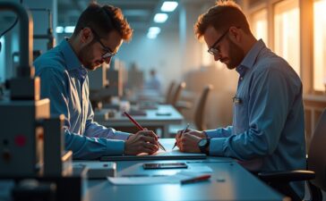 Ein hell erleuchtetes, modernes Labor mit fokussierten Ingenieuren in lässiger Arbeitskleidung, die schwungvoll an Hightech-Mikrochips und komplexen Lithografie-Maschinen arbeiten, während warmes Tageslicht sanft durch große Fenster fällt und eine Atmosphäre von Innovationskraft, Zusammenarbeit und technologischem Aufbruch schafft.