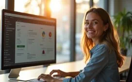 In einem hell erleuchteten, modernen Büroarbeitsplatz sitzt eine Frau mit freundlichem Lächeln vor einem großen Bildschirm, auf dem ein individuell gestaltetes Kontextmenü klar erkennbar ist, umgeben von natürlichen, warmen Tageslichtstrahlen, die eine einladende und inspirierende Atmosphäre schaffen.