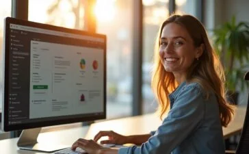 In einem hell erleuchteten, modernen Büroarbeitsplatz sitzt eine Frau mit freundlichem Lächeln vor einem großen Bildschirm, auf dem ein individuell gestaltetes Kontextmenü klar erkennbar ist, umgeben von natürlichen, warmen Tageslichtstrahlen, die eine einladende und inspirierende Atmosphäre schaffen.