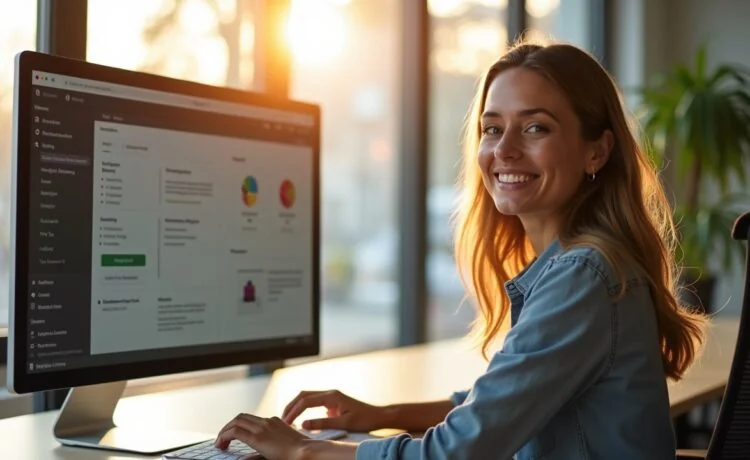 In einem hell erleuchteten, modernen Büroarbeitsplatz sitzt eine Frau mit freundlichem Lächeln vor einem großen Bildschirm, auf dem ein individuell gestaltetes Kontextmenü klar erkennbar ist, umgeben von natürlichen, warmen Tageslichtstrahlen, die eine einladende und inspirierende Atmosphäre schaffen.