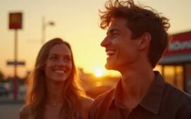 Ein warm erleuchtetes, realistisch inszeniertes Porträt eines jungen Menschen, der entspannt bei Sonnenuntergang vor einem McDonald’s steht und mit Freunden lachend den Moment genießt, eingefangen in natürlichem Licht mit cineastischer Tiefe und freundlicher Atmosphäre.