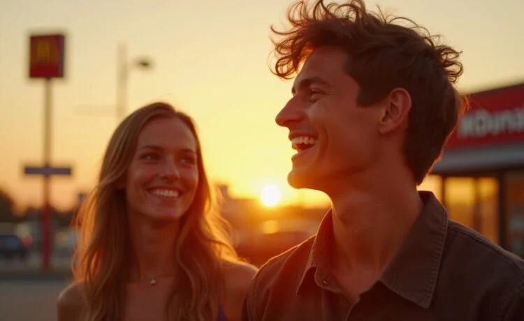 Ein warm erleuchtetes, realistisch inszeniertes Porträt eines jungen Menschen, der entspannt bei Sonnenuntergang vor einem McDonald’s steht und mit Freunden lachend den Moment genießt, eingefangen in natürlichem Licht mit cineastischer Tiefe und freundlicher Atmosphäre.