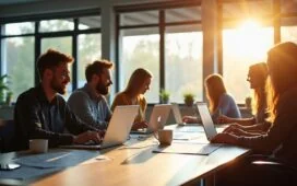 Ein hell erleuchtetes, modernes Büro mit einem entspannten Entwicklerteam, das konzentriert an Laptops arbeitet, während natürliche Sonnenstrahlen durch große Fenster warmes Licht auf saubere Schreibtische mit Code- und Workflow-Diagrammen werfen und so eine freundliche, produktive Atmosphäre der Vernetzung und Kostenoptimierung in der Softwareentwicklung vermittelt.