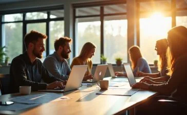 Ein hell erleuchtetes, modernes Büro mit einem entspannten Entwicklerteam, das konzentriert an Laptops arbeitet, während natürliche Sonnenstrahlen durch große Fenster warmes Licht auf saubere Schreibtische mit Code- und Workflow-Diagrammen werfen und so eine freundliche, produktive Atmosphäre der Vernetzung und Kostenoptimierung in der Softwareentwicklung vermittelt.