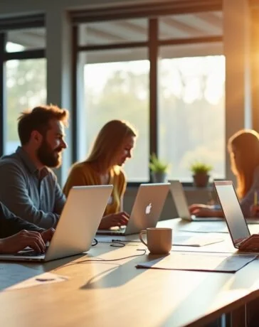 Ein hell erleuchtetes, modernes Büro mit einem entspannten Entwicklerteam, das konzentriert an Laptops arbeitet, während natürliche Sonnenstrahlen durch große Fenster warmes Licht auf saubere Schreibtische mit Code- und Workflow-Diagrammen werfen und so eine freundliche, produktive Atmosphäre der Vernetzung und Kostenoptimierung in der Softwareentwicklung vermittelt.