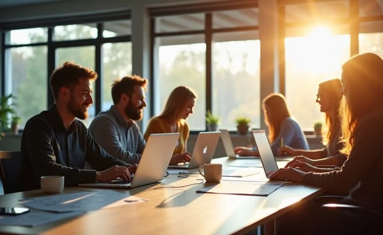 Ein hell erleuchtetes, modernes Büro mit einem entspannten Entwicklerteam, das konzentriert an Laptops arbeitet, während natürliche Sonnenstrahlen durch große Fenster warmes Licht auf saubere Schreibtische mit Code- und Workflow-Diagrammen werfen und so eine freundliche, produktive Atmosphäre der Vernetzung und Kostenoptimierung in der Softwareentwicklung vermittelt.
