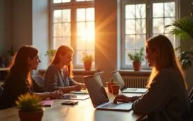 Ein hell erleuchtetes, modernes Kreativstudio mit motivierten Designern und Videoproduzenten, die mit konzentriertem Lächeln an Laptops und Grafiktabletts arbeiten, während warme Sonnenstrahlen durch große Fenster hereinfallen und eine freundliche, inspirierende Atmosphäre voller Zusammenarbeit und künstlerischer Innovation schaffen.