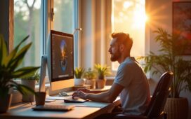 Ein lichtdurchflutetes Kreativstudio mit einem fokussierten Designer, der entspannt an einem großen Bildschirm arbeitet, während natürliche Sonnenstrahlen sanft auf moderne Technik und bunte Moodboard-Elemente fallen und so den warmen Einklang von Präzision und Inspiration in der digitalen Bildbearbeitung widerspiegeln.