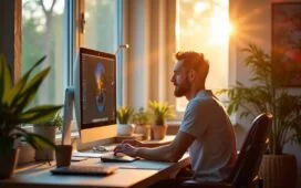 Ein lichtdurchflutetes Kreativstudio mit einem fokussierten Designer, der entspannt an einem großen Bildschirm arbeitet, während natürliche Sonnenstrahlen sanft auf moderne Technik und bunte Moodboard-Elemente fallen und so den warmen Einklang von Präzision und Inspiration in der digitalen Bildbearbeitung widerspiegeln.