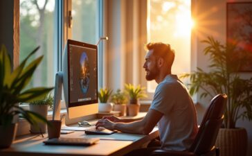 Ein lichtdurchflutetes Kreativstudio mit einem fokussierten Designer, der entspannt an einem großen Bildschirm arbeitet, während natürliche Sonnenstrahlen sanft auf moderne Technik und bunte Moodboard-Elemente fallen und so den warmen Einklang von Präzision und Inspiration in der digitalen Bildbearbeitung widerspiegeln.