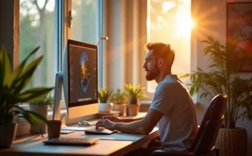 Ein lichtdurchflutetes Kreativstudio mit einem fokussierten Designer, der entspannt an einem großen Bildschirm arbeitet, während natürliche Sonnenstrahlen sanft auf moderne Technik und bunte Moodboard-Elemente fallen und so den warmen Einklang von Präzision und Inspiration in der digitalen Bildbearbeitung widerspiegeln.