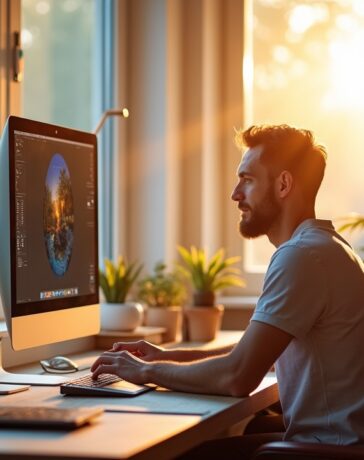 Ein lichtdurchflutetes Kreativstudio mit einem fokussierten Designer, der entspannt an einem großen Bildschirm arbeitet, während natürliche Sonnenstrahlen sanft auf moderne Technik und bunte Moodboard-Elemente fallen und so den warmen Einklang von Präzision und Inspiration in der digitalen Bildbearbeitung widerspiegeln.