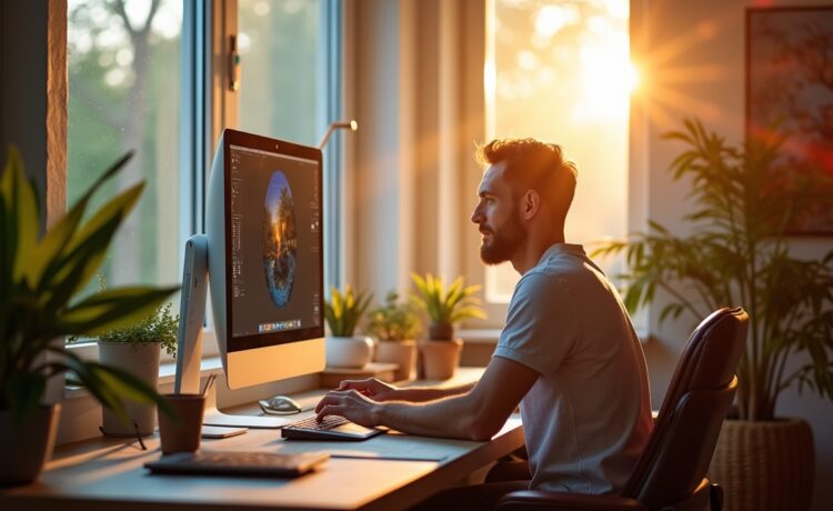Ein lichtdurchflutetes Kreativstudio mit einem fokussierten Designer, der entspannt an einem großen Bildschirm arbeitet, während natürliche Sonnenstrahlen sanft auf moderne Technik und bunte Moodboard-Elemente fallen und so den warmen Einklang von Präzision und Inspiration in der digitalen Bildbearbeitung widerspiegeln.