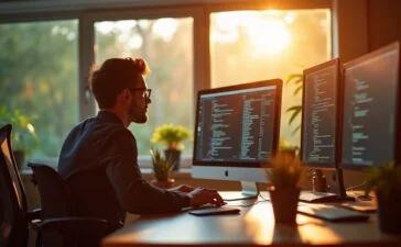 In einem lichtdurchfluteten, modernen Büro sitzt ein konzentrierter Entwickler vor mehreren Bildschirmen mit Code, umgeben von warmen Holztönen und Pflanzen, während die natürliche Morgensonne durch große Fenster hereinstrahlt und eine Atmosphäre von Achtsamkeit und verantwortungsvollem Handeln in der IT-Sicherheit schafft.