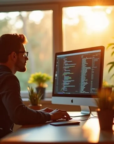 In einem lichtdurchfluteten, modernen Büro sitzt ein konzentrierter Entwickler vor mehreren Bildschirmen mit Code, umgeben von warmen Holztönen und Pflanzen, während die natürliche Morgensonne durch große Fenster hereinstrahlt und eine Atmosphäre von Achtsamkeit und verantwortungsvollem Handeln in der IT-Sicherheit schafft.