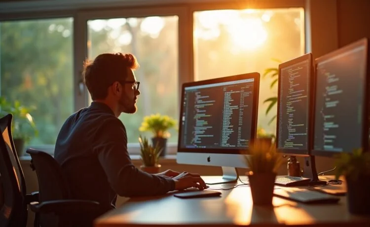 In einem lichtdurchfluteten, modernen Büro sitzt ein konzentrierter Entwickler vor mehreren Bildschirmen mit Code, umgeben von warmen Holztönen und Pflanzen, während die natürliche Morgensonne durch große Fenster hereinstrahlt und eine Atmosphäre von Achtsamkeit und verantwortungsvollem Handeln in der IT-Sicherheit schafft.