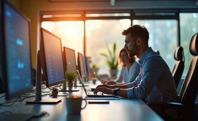 Ein modernes, hell erleuchtetes Büro mit konzentrierten IT-Managern, die an Laptops und Bildschirmen komplexe Server-Daten analysieren, umgeben von warmem Tageslicht und einem aufgeräumten, professionellen Ambiente, das Entschlossenheit und verantwortungsbewusste Sicherheit symbolisiert.