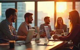 Ein sonnendurchflutetes, modernes Büro mit entspannt lächelnden jungen Finanzexperten in smart-casual Kleidung, die vor Bildschirmen mit dynamischen, farblich warmen Diagrammen und Kryptowährungssymbolen zusammensitzen und lebhaft diskutieren – ein Bild voller natürlicher Lebendigkeit, das Optimismus und die emotionale Höhen und Tiefen der Krypto-Welt einfängt.