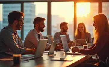 Ein sonnendurchflutetes, modernes Büro mit entspannt lächelnden jungen Finanzexperten in smart-casual Kleidung, die vor Bildschirmen mit dynamischen, farblich warmen Diagrammen und Kryptowährungssymbolen zusammensitzen und lebhaft diskutieren – ein Bild voller natürlicher Lebendigkeit, das Optimismus und die emotionale Höhen und Tiefen der Krypto-Welt einfängt.