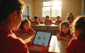 In einem hell erleuchteten Klassenzimmer in El Salvador sitzen neugierige Schülerinnen und Schüler verschiedener Altersgruppen an Tischen, während eine engagierte Lehrerin mit einem Tablet lächelnd moderne KI-gestützte Lerninhalte zeigt – die warme Nachmittagssonne umspielt das Szenenbild und verleiht dem Moment eine einladende, hoffnungsvolle Atmosphäre zwischen Tradition und digitaler Zukunft.