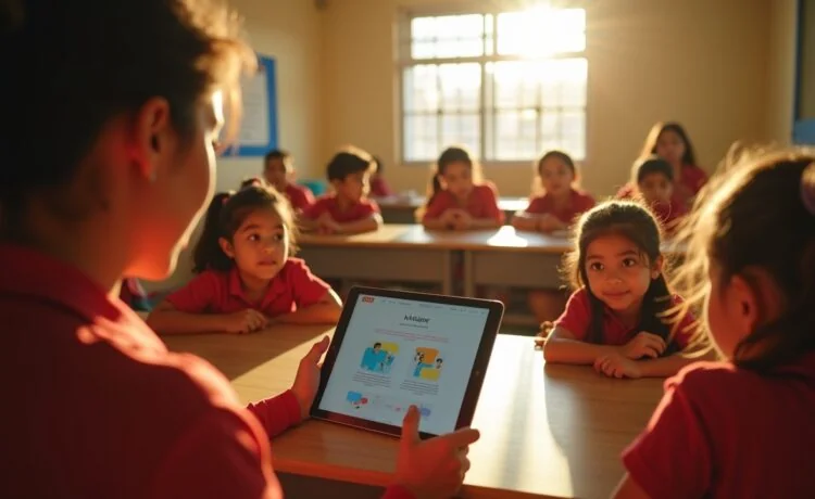In einem hell erleuchteten Klassenzimmer in El Salvador sitzen neugierige Schülerinnen und Schüler verschiedener Altersgruppen an Tischen, während eine engagierte Lehrerin mit einem Tablet lächelnd moderne KI-gestützte Lerninhalte zeigt – die warme Nachmittagssonne umspielt das Szenenbild und verleiht dem Moment eine einladende, hoffnungsvolle Atmosphäre zwischen Tradition und digitaler Zukunft.