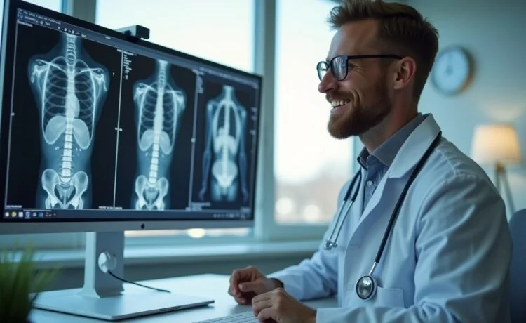 In einem hell erleuchteten modernen Krankenhauslabor analysiert ein freundlicher, konzentrierter Radiologe mit warmem Lächeln geduldig digitale MRT-Bilder auf einem Bildschirm, während sanftes Tageslicht durch große Fenster fällt und eine Atmosphäre von Hoffnung und Fortschritt in der Krebsdiagnostik vermittelt.