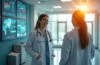 In einem hell erleuchteten, modernen Klinikum steht eine freundliche Ärztin im Gespräch mit einem Patienten, während im Hintergrund diskret Bildschirme mit medizinischen Daten und KI-gestützten Analysen eine innovative, patientenzentrierte Gesundheitsversorgung symbolisieren – warmes Tageslicht durchflutet den Raum und schafft eine einladende, vertrauensvolle Atmosphäre.