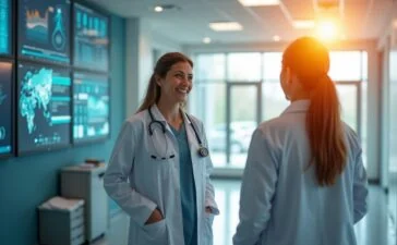 In einem hell erleuchteten, modernen Klinikum steht eine freundliche Ärztin im Gespräch mit einem Patienten, während im Hintergrund diskret Bildschirme mit medizinischen Daten und KI-gestützten Analysen eine innovative, patientenzentrierte Gesundheitsversorgung symbolisieren – warmes Tageslicht durchflutet den Raum und schafft eine einladende, vertrauensvolle Atmosphäre.