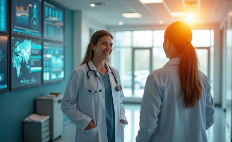 In einem hell erleuchteten, modernen Klinikum steht eine freundliche Ärztin im Gespräch mit einem Patienten, während im Hintergrund diskret Bildschirme mit medizinischen Daten und KI-gestützten Analysen eine innovative, patientenzentrierte Gesundheitsversorgung symbolisieren – warmes Tageslicht durchflutet den Raum und schafft eine einladende, vertrauensvolle Atmosphäre.