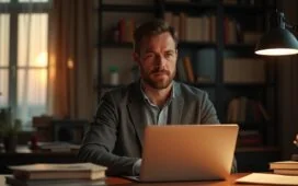 Ein warm beleuchtetes Porträt eines nachdenklichen Menschen in modernem Home-Office, umgeben von Büchern und leicht erscheinender Technik, das mit natürlichem Tageslicht die feine Balance zwischen menschlicher Persönlichkeit und der Illusion künstlicher Intelligenz einfühlsam einfängt.